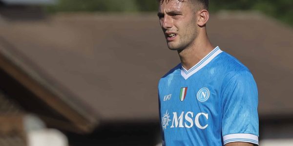 Lorenzo Lucca of Napoli plays during a friendly soccer match between Napoli and Arezzo on Day 6 of the preseason camp of SSC Napoli in Dimaro Folgarida, Trento, Italy, on July 22, 2025. (Photo by Ciro De Luca/NurPhoto via Getty Images)