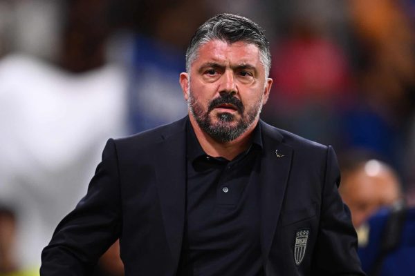 BERGAMO, ITALY - SEPTEMBER 05: Coach Gennaro Gattuso of Italy looks on prior to the National anthems prior to the FIFA World Cup 2026 qualifier match between Italy and Estonia at Stadio di Bergamo on September 05, 2025 in Bergamo, Italy. (Photo by Mattia Ozbot/Getty Images)
