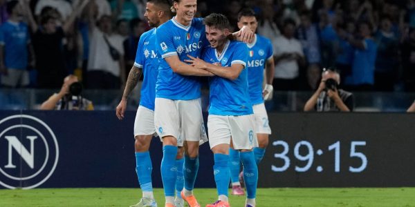 Billy Gilmour and Scott McTominay of SSC Napoli celebrates after scoring during the Serie A match between SSC Napoli and Pisa SC at Stadio Diego Armando Maradona Naples Italy on 22 September 2025. (Photo by Franco Romano/NurPhoto via Getty Images)