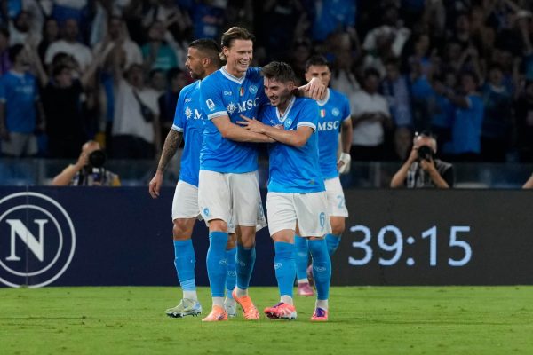 Billy Gilmour and Scott McTominay of SSC Napoli celebrates after scoring during the Serie A match between SSC Napoli and Pisa SC at Stadio Diego Armando Maradona Naples Italy on 22 September 2025. (Photo by Franco Romano/NurPhoto via Getty Images)