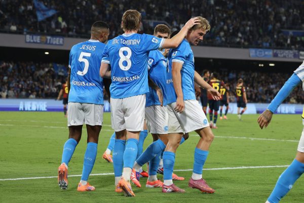 NAPLES, ITALY - OCTOBER 05: Rasmus Hojlund of SSC Napoli celebrates after scoring his side second goal during the Serie A match between SSC Napoli and Genoa CFC at Stadio Diego Armando Maradona on October 05, 2025 in Naples, Italy. (Photo by Francesco Pecoraro/Getty Images)