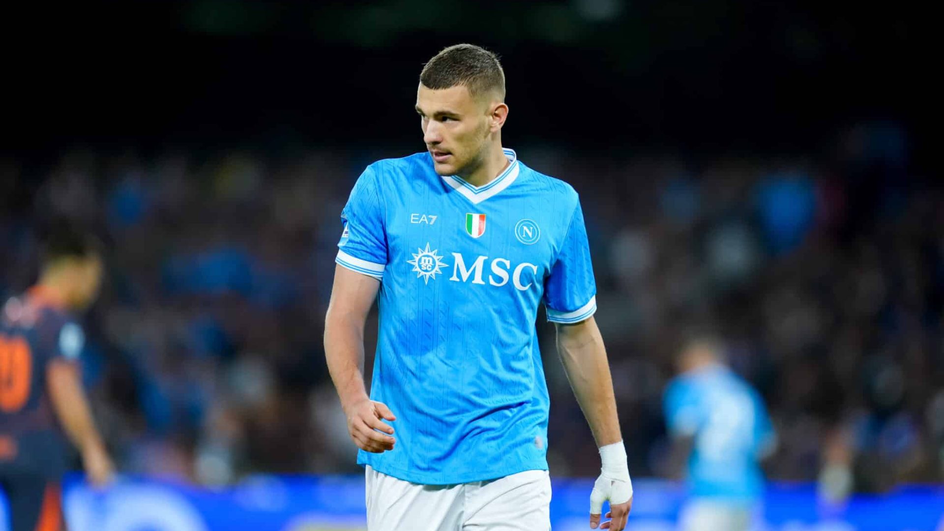 Alessandro Buongiorno of SSC Napoli looks on during the serie Serie A Enilive match between SSC Napoli and FC Internazionale at Stadio Diego Armando Maradona on October 25, 2025 in Naples, Italy  (Photo by Giuseppe Maffia/NurPhoto via Getty Images)