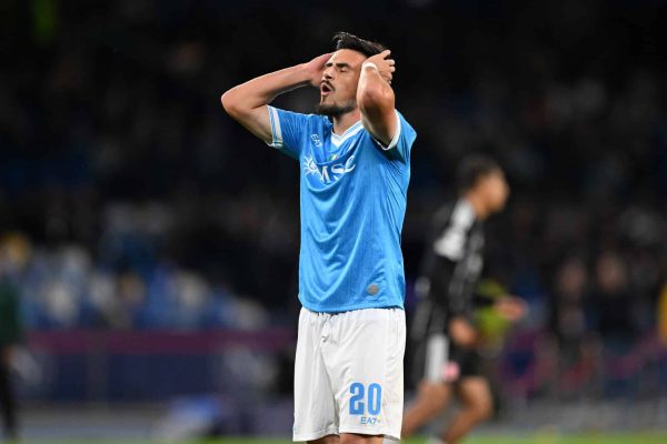 NAPLES, ITALY - NOVEMBER 04: Eljif Elmas of SSC Napoli stands disappointed during the UEFA Champions League 2025/26 League Phase MD4 match between SSC Napoli and Eintracht Frankfurt at Stadio Diego Armando Maradona on November 04, 2025 in Naples, Italy. (Photo by Francesco Pecoraro/Getty Images)