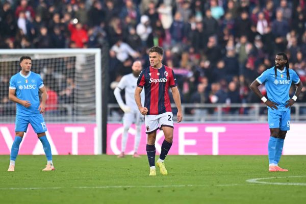BOLOGNA, ITALY - NOVEMBER 09: Thijs Dallinga of Bologna FC 1909 celebrates scoring his team's second goal during the Serie A match between Bologna FC 1909 and SSC Napoli at Renato Dall'Ara Stadium on November 09, 2025 in Bologna, Italy. (Photo by Alessandro Sabattini/Getty Images)