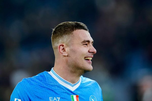 Alessandro Buongiorno of SSC Napoli celebrates the victory at the end of the Serie A Enilive match between AS Roma and SSC Napoli at Stadio Olimpico on November 30, 2025 in Rome, Italy. (Photo by Giuseppe Maffia/NurPhoto via Getty Images)
