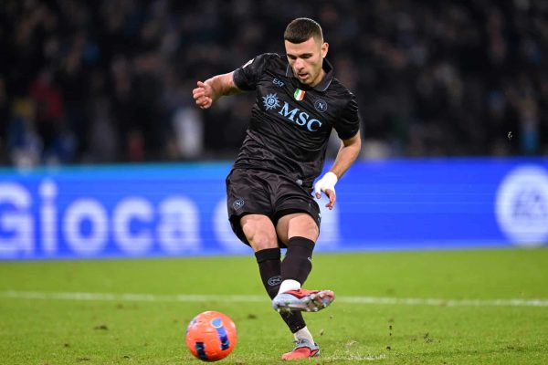 NAPLES, ITALY - DECEMBER 03: Alessandro Buongiorno of SSC Napoli takes a penalty in the penalty shout out during the Coppa Italia round of 16 match between SCC Napoli and Cagliari Calcio at Stadio Diego Armando Maradona on December 03, 2025 in Naples, Italy.  (Photo by Francesco Pecoraro/Getty Images)