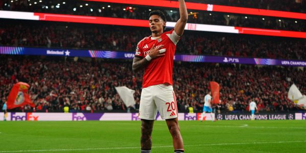 LISBON, PORTUGAL - DECEMBER 10: Richard Rios of Benfica celebrates scoring his team's first goal during the UEFA Champions League 2025/26 League Phase MD6 match between SL Benfica and SSC Napoli at  on December 10, 2025 in Lisbon, Portugal. (Photo by Gualter Fatia/Getty Images)