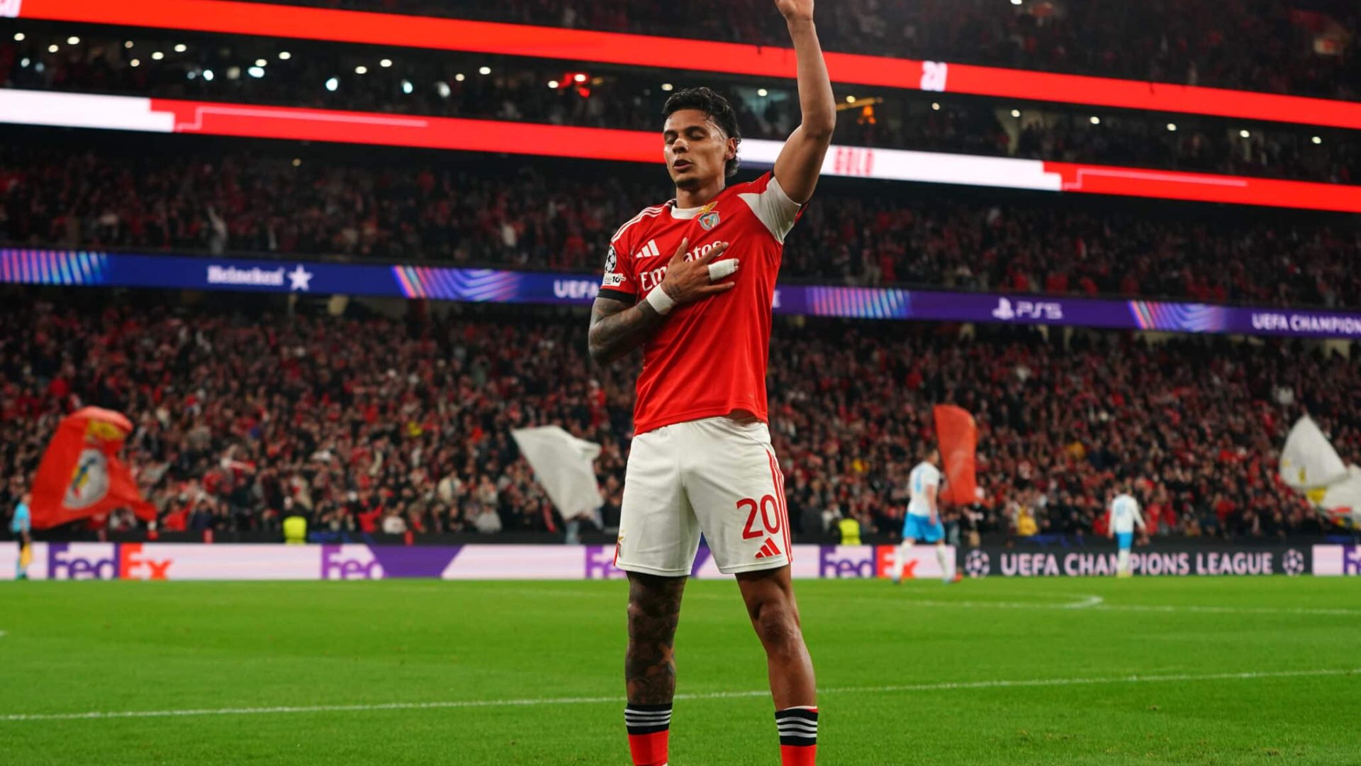 LISBON, PORTUGAL - DECEMBER 10: Richard Rios of Benfica celebrates scoring his team's first goal during the UEFA Champions League 2025/26 League Phase MD6 match between SL Benfica and SSC Napoli at  on December 10, 2025 in Lisbon, Portugal. (Photo by Gualter Fatia/Getty Images)