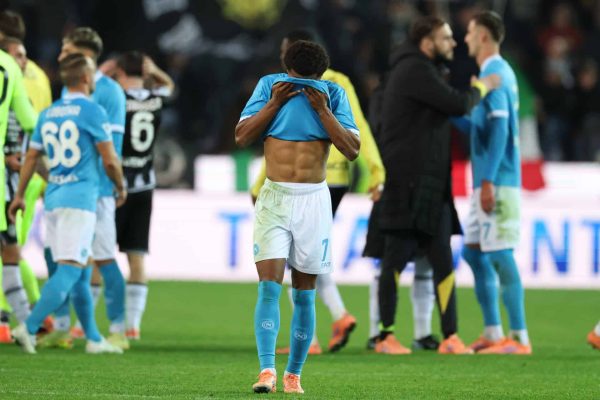 UDINE, ITALY - DECEMBER 14: David Neres of Napoli reacts at the end of the Serie A match between Udinese Calcio and SSC Napoli at Stadio Friuli on December 14, 2025 in Udine, Italy. (Photo by Timothy Rogers/Getty Images)