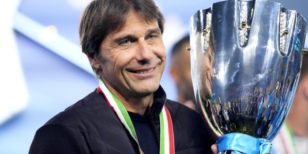 RIYADH, SAUDI ARABIA - DECEMBER 22: Antonio Conte head coach of Napoli poses with the Supercoppa trophy during the Supercoppa Italiana final match between SSC Napoli v Bologna FC 1909 at King Saud University Stadium on December 22, 2025 in Riyadh, Saudi Arabia. (Photo by Jose Breton/Pics Action/NurPhoto via Getty Images)