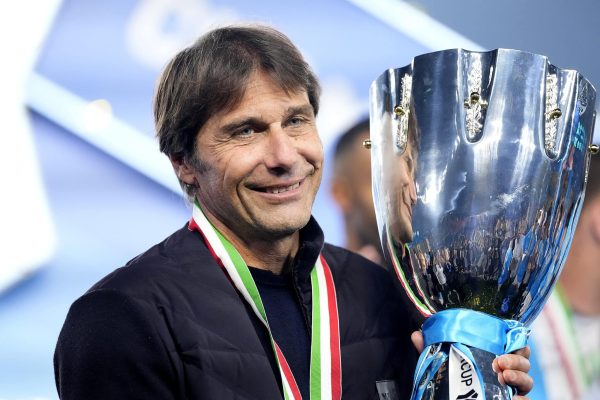 RIYADH, SAUDI ARABIA - DECEMBER 22: Antonio Conte head coach of Napoli poses with the Supercoppa trophy during the Supercoppa Italiana final match between SSC Napoli v Bologna FC 1909 at King Saud University Stadium on December 22, 2025 in Riyadh, Saudi Arabia. (Photo by Jose Breton/Pics Action/NurPhoto via Getty Images)