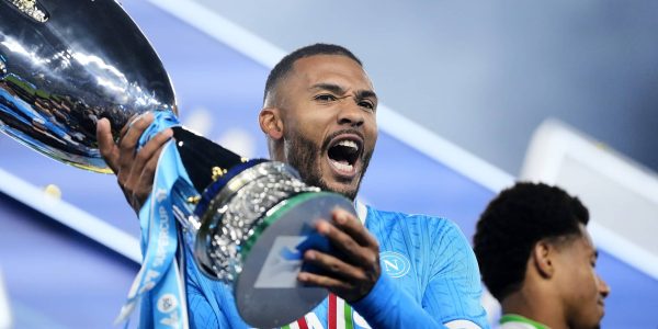 RIYADH, SAUDI ARABIA - DECEMBER 22: David Neres right winger of Napoli and Brazil poses with the Supercoppa trophy during the Supercoppa Italiana final match between SSC Napoli v Bologna FC 1909 at King Saud University Stadium on December 22, 2025 in Riyadh, Saudi Arabia. (Photo by Jose Breton/Pics Action/NurPhoto via Getty Images)
