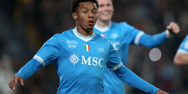 RIYADH, SAUDI ARABIA - DECEMBER 22: David Neres of SSC Napoli celebrates scoring his team's second goal during the Supercoppa Italiana Final between SSC Napoli and Bologna FC 1909 at King Saud University Stadium on December 22, 2025 in Riyadh, Saudi Arabia. (Photo by Yasser Bakhsh/Getty Images)