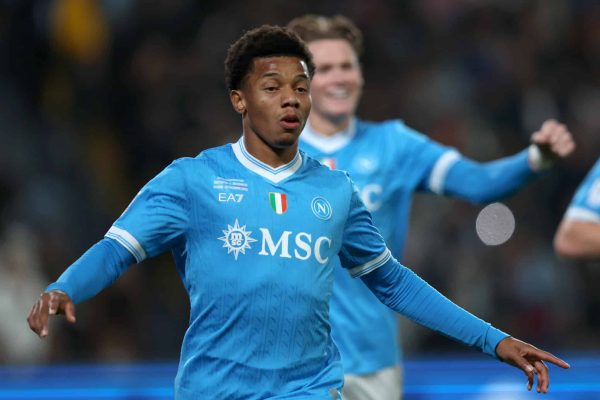 RIYADH, SAUDI ARABIA - DECEMBER 22: David Neres of SSC Napoli celebrates scoring his team's second goal during the Supercoppa Italiana Final between SSC Napoli and Bologna FC 1909 at King Saud University Stadium on December 22, 2025 in Riyadh, Saudi Arabia. (Photo by Yasser Bakhsh/Getty Images)