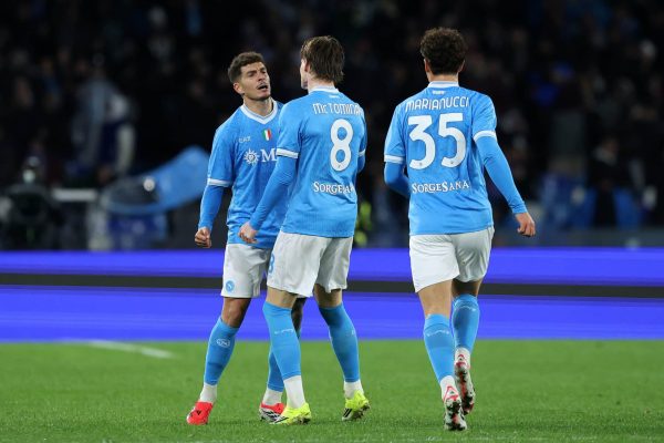 NAPLES, ITALY - JANUARY 07: Giovanni Di Lorenzo of SSC Napoli celebrates after scoring his side second goal during the Serie A match between SSC Napoli and Hellas Verona FC at Stadio Diego Armando Maradona on January 07, 2026 in Naples, Italy. (Photo by Francesco Pecoraro/Getty Images)