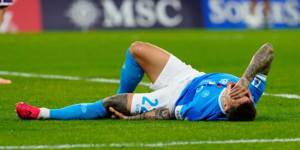 Giovanni Di Lorenzo of SSC Napoli lies on the pitch after suffering an injury during the Serie A match between SSC Napoli and ACF Fiorentina at Stadio Diego Armando Maradona Naples Italy on 31 January 2026. (Photo by Franco Romano/NurPhoto via Getty Images)