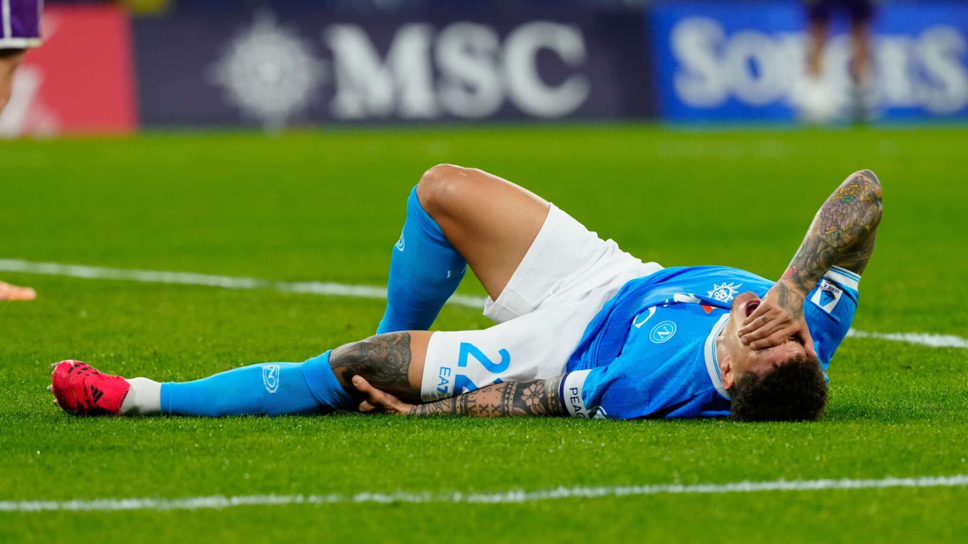 Giovanni Di Lorenzo of SSC Napoli lies on the pitch after suffering an injury during the Serie A match between SSC Napoli and ACF Fiorentina at Stadio Diego Armando Maradona Naples Italy on 31 January 2026. (Photo by Franco Romano/NurPhoto via Getty Images)