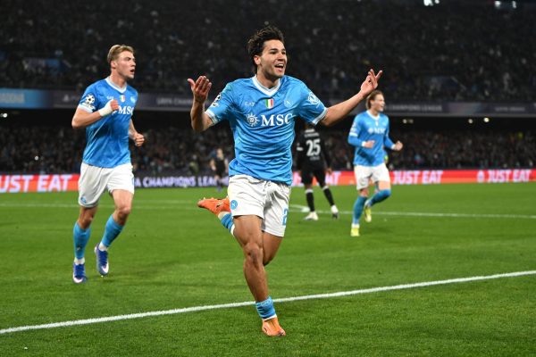 NAPLES, ITALY - JANUARY 28: Antonio Vergara of SSC Napoli celebrates scoring his team's first goal during the UEFA Champions League 2025/26 League Phase MD8 match between SSC Napoli and Chelsea FC at Stadio Diego Armando Maradona on January 28, 2026 in Naples, Italy. (Photo by Francesco Pecoraro/Getty Images)