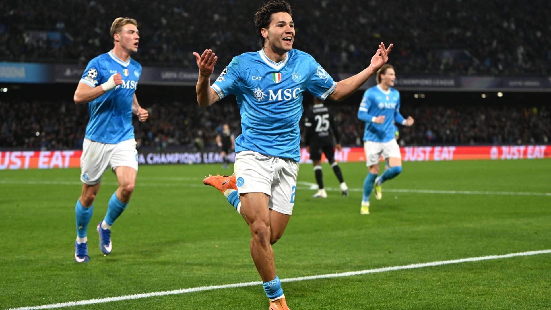 NAPLES, ITALY - JANUARY 28: Antonio Vergara of SSC Napoli celebrates scoring his team's first goal during the UEFA Champions League 2025/26 League Phase MD8 match between SSC Napoli and Chelsea FC at Stadio Diego Armando Maradona on January 28, 2026 in Naples, Italy. (Photo by Francesco Pecoraro/Getty Images)
