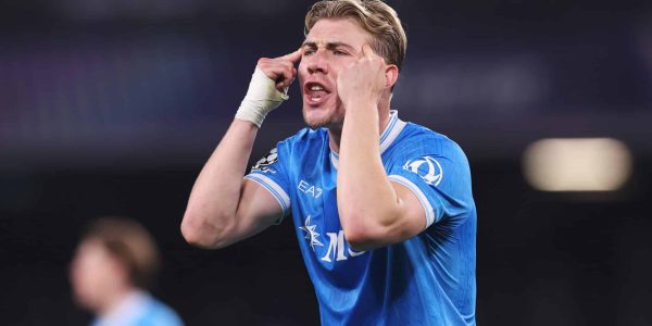 NAPLES, ITALY - JANUARY 28: Rasmus Hojlund of SSC Napoli reacts during the UEFA Champions League 2025/26 League Phase MD8 match between SSC Napoli and Chelsea FC at Stadio Diego Armando Maradona on January 28, 2026 in Naples, Italy. (Photo by Carl Recine - UEFA/UEFA via Getty Images)