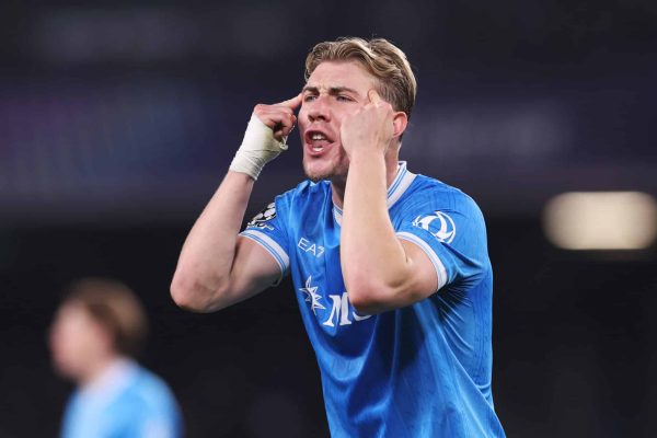 NAPLES, ITALY - JANUARY 28: Rasmus Hojlund of SSC Napoli reacts during the UEFA Champions League 2025/26 League Phase MD8 match between SSC Napoli and Chelsea FC at Stadio Diego Armando Maradona on January 28, 2026 in Naples, Italy. (Photo by Carl Recine - UEFA/UEFA via Getty Images)