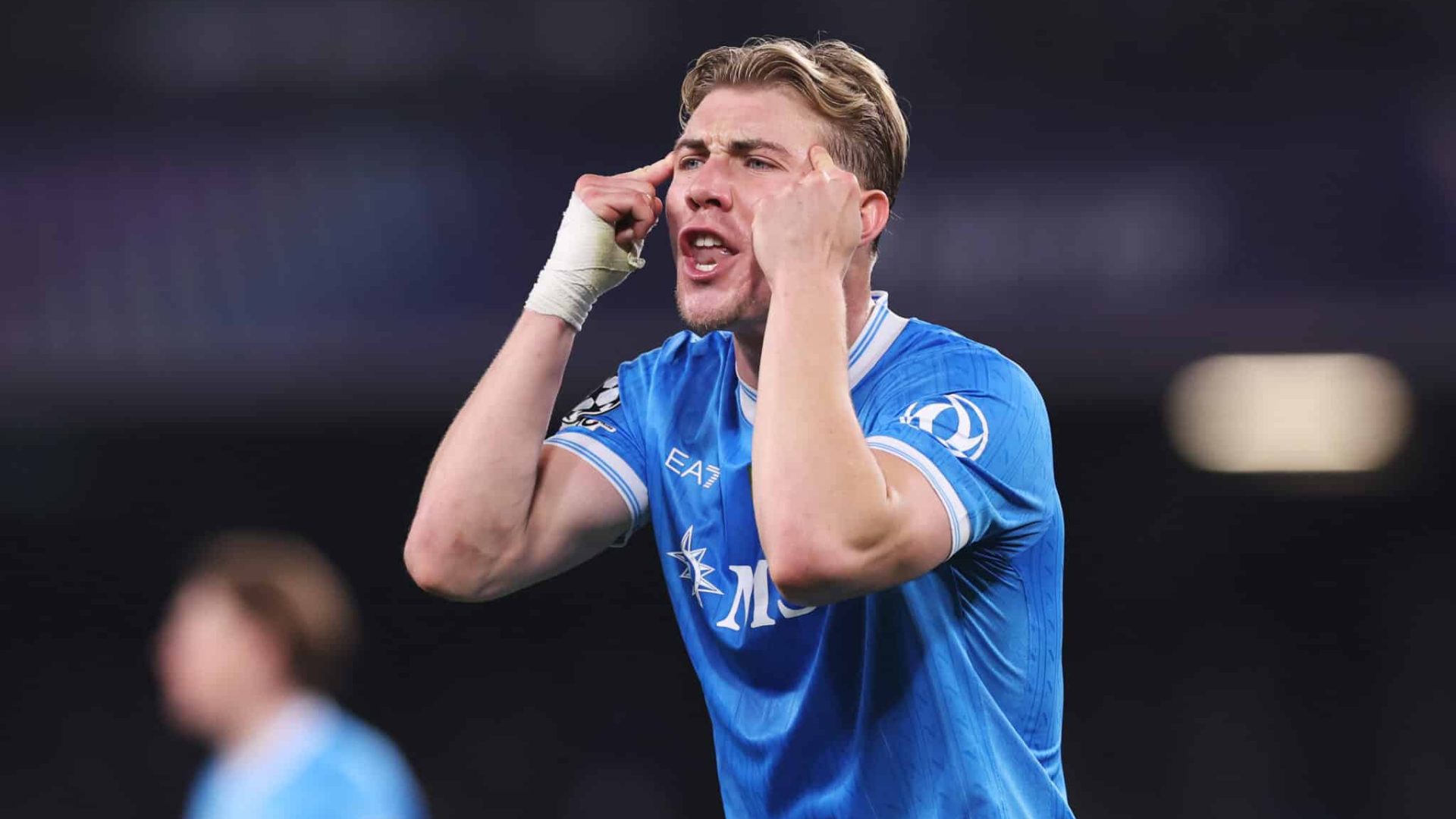 NAPLES, ITALY - JANUARY 28: Rasmus Hojlund of SSC Napoli reacts during the UEFA Champions League 2025/26 League Phase MD8 match between SSC Napoli and Chelsea FC at Stadio Diego Armando Maradona on January 28, 2026 in Naples, Italy. (Photo by Carl Recine - UEFA/UEFA via Getty Images)