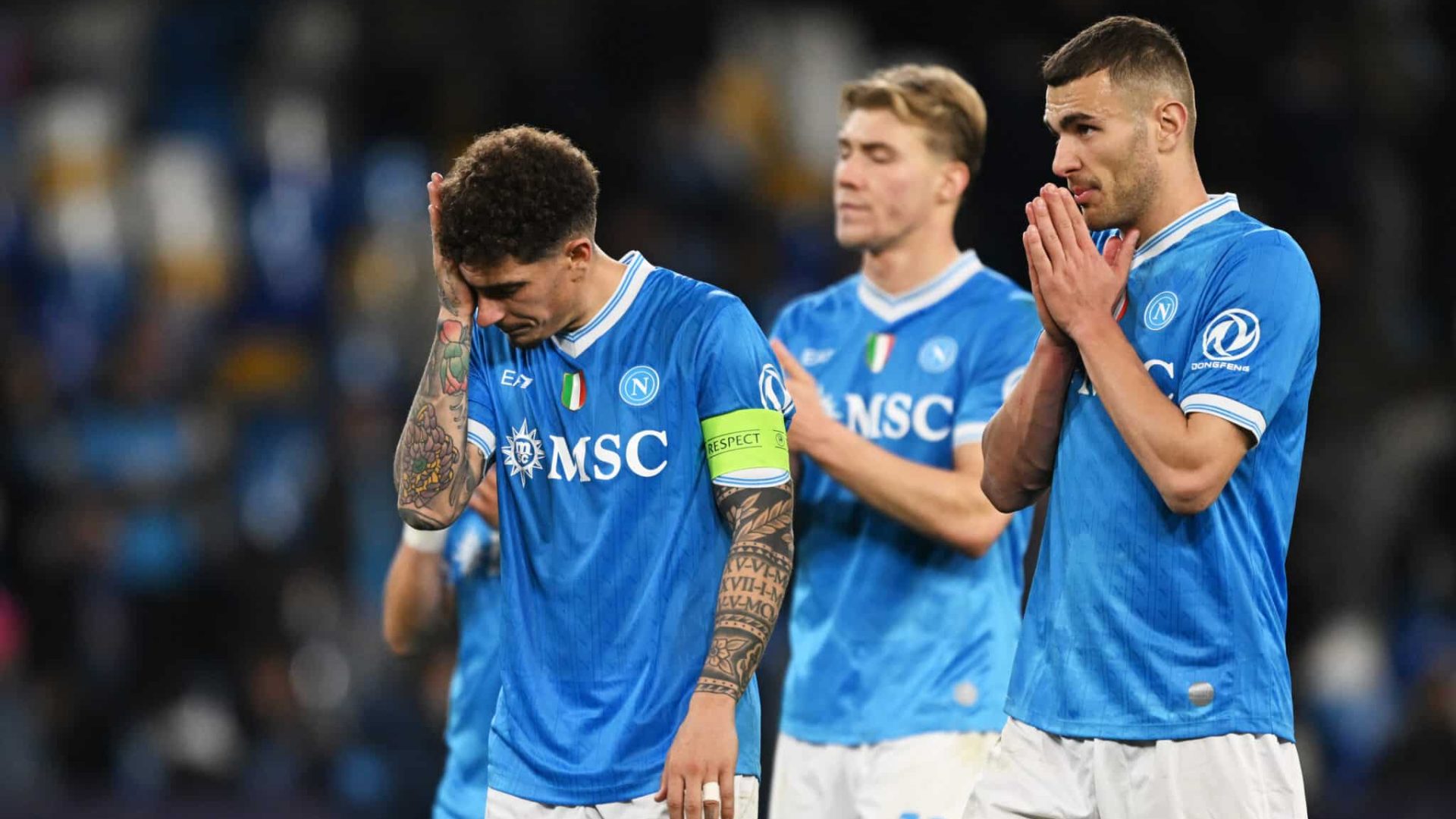 NAPLES, ITALY - JANUARY 28: Giovanni Di Lorenzo of SSC Napoli looks dejected at full-time following the team's defeat in the UEFA Champions League 2025/26 League Phase MD8 match between SSC Napoli and Chelsea FC at Stadio Diego Armando Maradona on January 28, 2026 in Naples, Italy. (Photo by Francesco Pecoraro/Getty Images)