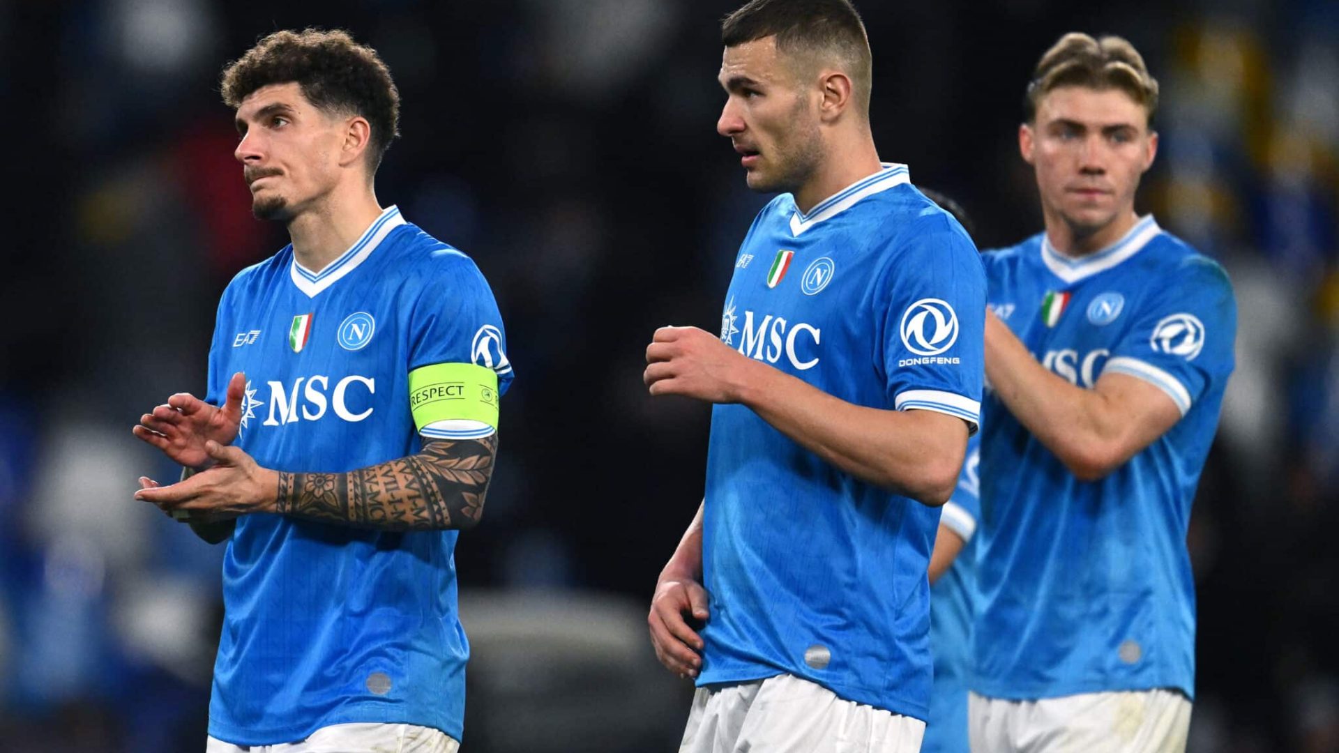 NAPLES, ITALY - JANUARY 28:  Rasmus Hojlund Giovanni Di Lorenzo and Alessandro Buongiorno of Napoli react with disappointment during the UEFA Champions League 2025/26 League Phase MD8 match between SSC Napoli and Chelsea FC at Stadio Diego Armando Maradona on January 28, 2026 in Naples, Italy. (Photo by Image Photo Agency/Getty Images)