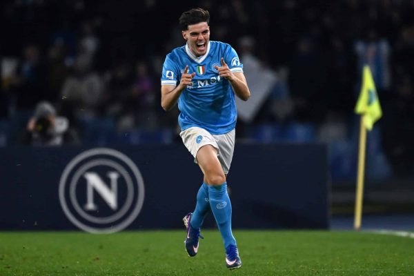 NAPLES, ITALY - JANUARY 31:  Miguel Gutierrez of Napoli celebrates his goal during the Serie A match between SSC Napoli and ACF Fiorentina at Stadio Diego Armando Maradona on January 31, 2026 in Naples, Italy. (Photo by Image Photo Agency/Getty Images)