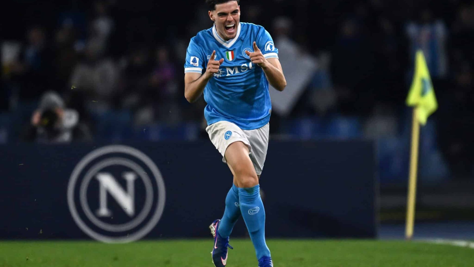 NAPLES, ITALY - JANUARY 31:  Miguel Gutierrez of Napoli celebrates his goal during the Serie A match between SSC Napoli and ACF Fiorentina at Stadio Diego Armando Maradona on January 31, 2026 in Naples, Italy. (Photo by Image Photo Agency/Getty Images)