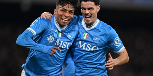 NAPLES, ITALY - FEBRUARY 15: Allison Santos of Napoli celebrates his goal with Miguel Gutierrez of Napoli during the Serie A match between SSC Napoli and AS Roma at Stadio Diego Armando Maradona on February 15, 2026 in Naples, Italy. (Photo by Image Photo Agency/Getty Images)