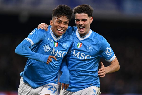 NAPLES, ITALY - FEBRUARY 15: Allison Santos of Napoli celebrates his goal with Miguel Gutierrez of Napoli during the Serie A match between SSC Napoli and AS Roma at Stadio Diego Armando Maradona on February 15, 2026 in Naples, Italy. (Photo by Image Photo Agency/Getty Images)