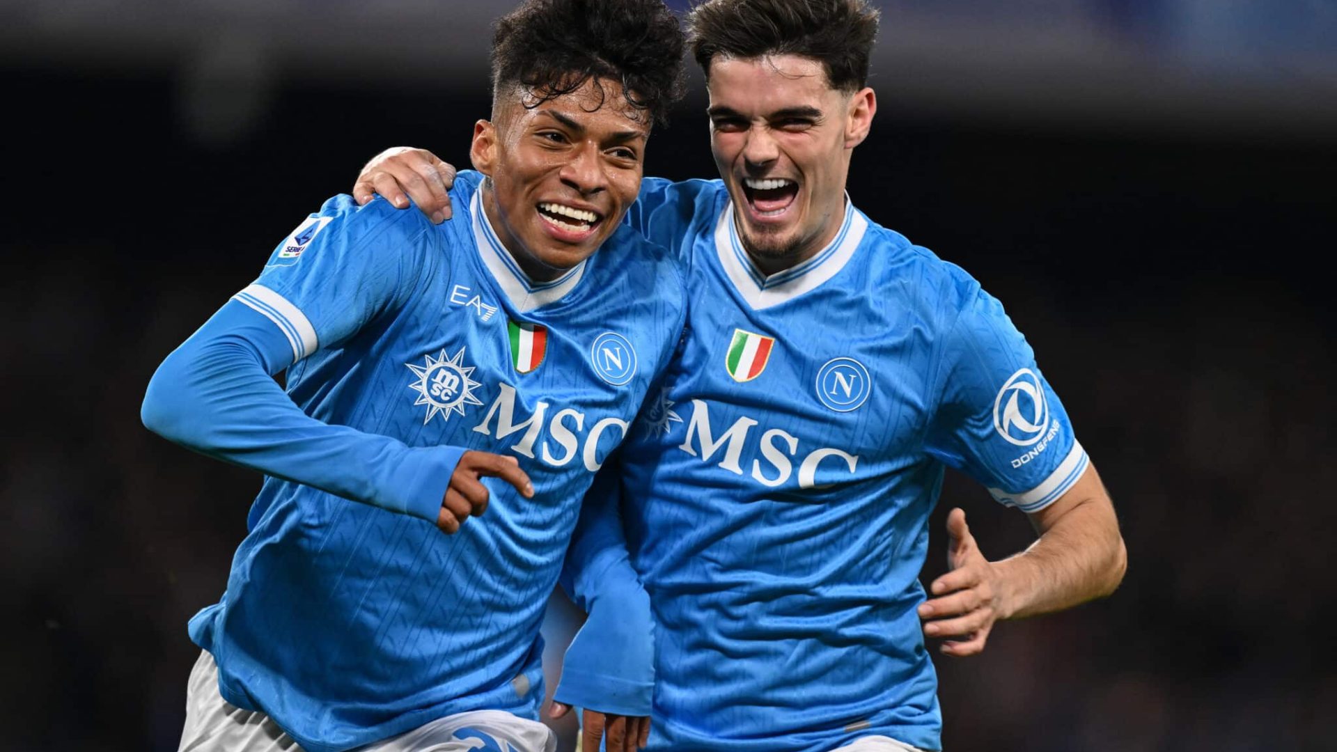 NAPLES, ITALY - FEBRUARY 15: Allison Santos of Napoli celebrates his goal with Miguel Gutierrez of Napoli during the Serie A match between SSC Napoli and AS Roma at Stadio Diego Armando Maradona on February 15, 2026 in Naples, Italy. (Photo by Image Photo Agency/Getty Images)