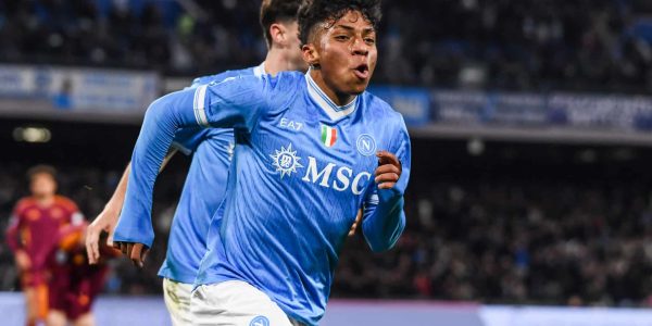 NAPLES, ITALY - FEBRUARY 15: Santos Alisson of SSC Napoli celebrates after scoring a goal to make it 2-2 during the Serie A match between SSC Napoli and AS Roma at Stadio Diego Armando Maradona on February 15, 2026 in Naples, Italy. (Photo by Ivan Romano/Getty Images)