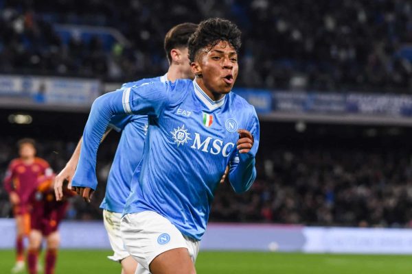 NAPLES, ITALY - FEBRUARY 15: Santos Alisson of SSC Napoli celebrates after scoring a goal to make it 2-2 during the Serie A match between SSC Napoli and AS Roma at Stadio Diego Armando Maradona on February 15, 2026 in Naples, Italy. (Photo by Ivan Romano/Getty Images)
