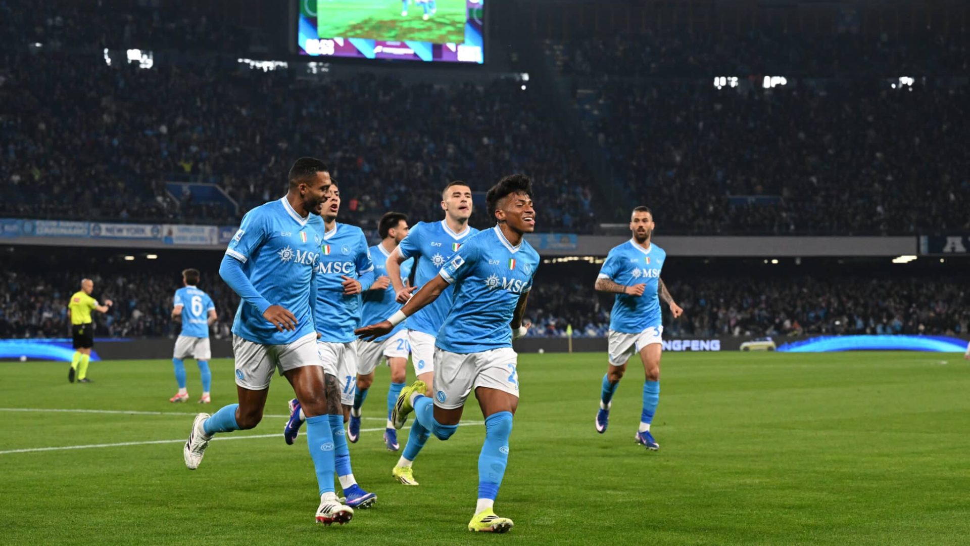 NAPLES, ITALY - MARCH 06: Alisson Santos of SSC Napoli celebrates after scoring the opening goal during the Serie A match between SSC Napoli and Torino FC at Stadio Diego Armando Maradona on March 06, 2026 in Naples, Italy. (Photo by SSC NAPOLI/SSC NAPOLI via Getty Images)