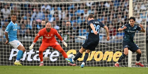 NAPLES, ITALY - APRIL 18: Toma Basic of SS Lazio scores his side second goal during the Serie A match between SSC Napoli and SS Lazio at Stadio Diego Armando Maradona on April 18, 2026 in Naples, Italy. (Photo by Francesco Pecoraro/Getty Images)