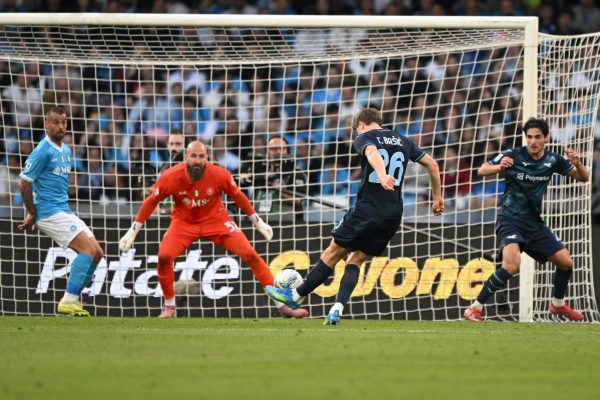 NAPLES, ITALY - APRIL 18: Toma Basic of SS Lazio scores his side second goal during the Serie A match between SSC Napoli and SS Lazio at Stadio Diego Armando Maradona on April 18, 2026 in Naples, Italy. (Photo by Francesco Pecoraro/Getty Images)