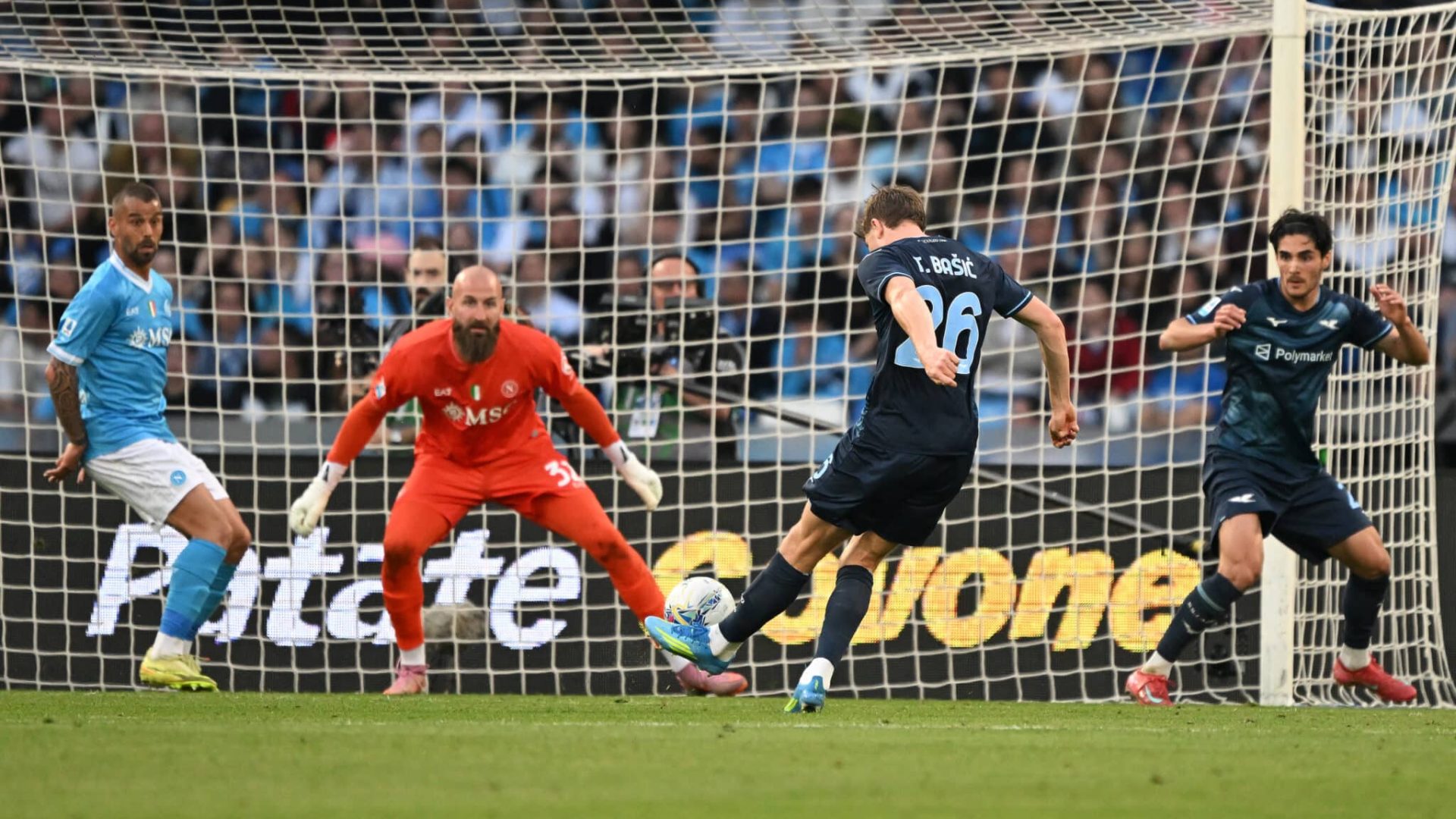 NAPLES, ITALY - APRIL 18: Toma Basic of SS Lazio scores his side second goal during the Serie A match between SSC Napoli and SS Lazio at Stadio Diego Armando Maradona on April 18, 2026 in Naples, Italy. (Photo by Francesco Pecoraro/Getty Images)