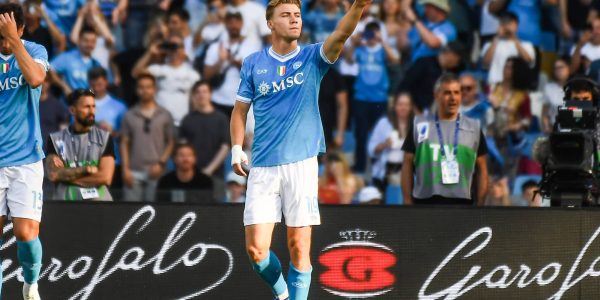 NAPLES, ITALY - MAY 24: Rasmus Højlund of SSC Napoli celebrates after scoring a goal to make it 1-0 during the Serie A match between SSC Napoli and Udinese Calcio at Stadio Diego Armando Maradona on May 24, 2026 in Naples, Italy. (Photo by Ivan Romano/Getty Images)