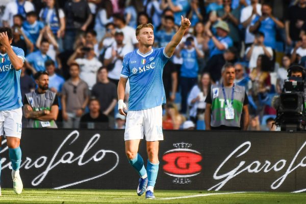 NAPLES, ITALY - MAY 24: Rasmus Højlund of SSC Napoli celebrates after scoring a goal to make it 1-0 during the Serie A match between SSC Napoli and Udinese Calcio at Stadio Diego Armando Maradona on May 24, 2026 in Naples, Italy. (Photo by Ivan Romano/Getty Images)