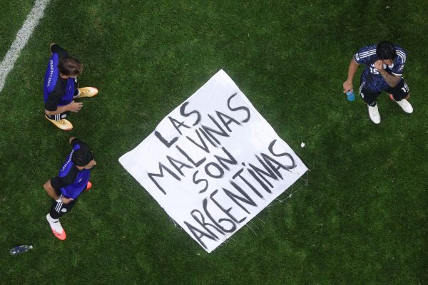 ATLANTA, GEORGIA - JULY 15: A banner is seen on the pitch  following Argentina's 2-1 win during the FIFA World Cup 2026 Semi Final match between England and Argentina at Atlanta Stadium on July 15, 2026 in Atlanta, Georgia. The banner refers to the British Overseas Territory of the Falkland Islands, located off the coast of Argentina. Argentina disputes British sovereignty over the islands and refers to them as Las Malvinas. (Photo by Dan Mullan/Getty Images)