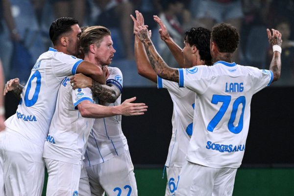 GENOA, ITALY - AUGUST 22: Kevin De Bruyne of Napoli celebrates his goal during the Serie A match between Genoa CFC and SSC Napoli at Stadio Luigi Ferraris on August 22, 2026 in Genoa, Italy. (Photo by Image Photo Agency/Getty Images)