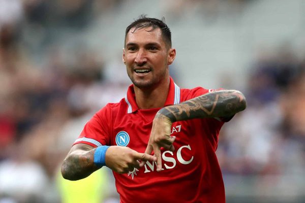 MILAN, ITALY - SEPTEMBER 05: Matteo Politano of Napoli celebrates scoring his team’s first goal during the Serie A match between FC Internazionale and SSC Napoli at Stadio Giuseppe Meazza on September 05, 2026 in Milan, Italy. (Photo by Marco Luzzani/Getty Images)