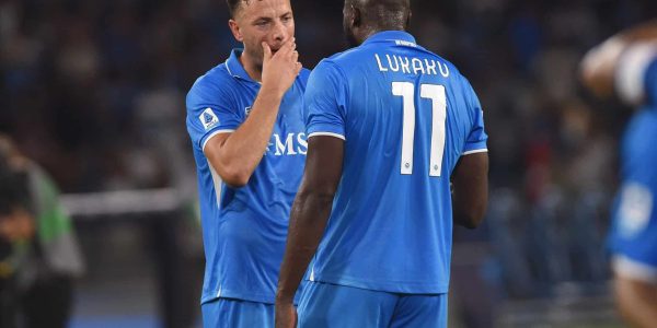 Romelu Lukaku and Amir Rrahmani of SSC Napoli at the end of the Serie A match between SSC Napoli and Parma Calcio at Stadio Diego Armando Maradona Naples Italy on 31 August 2024. (Photo by Franco Romano/NurPhoto via Getty Images)