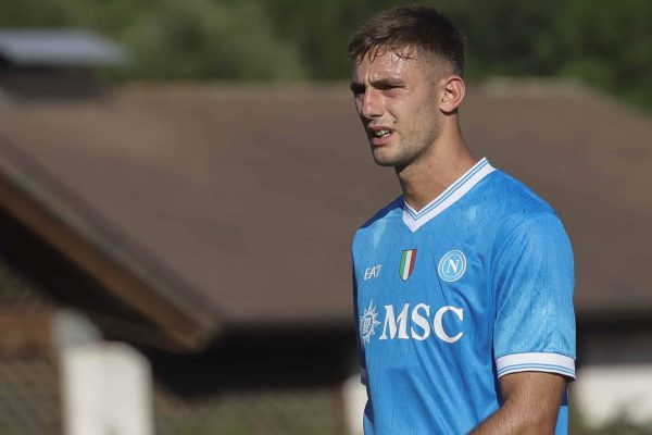 Lorenzo Lucca of Napoli plays during a friendly soccer match between Napoli and Arezzo on Day 6 of the preseason camp of SSC Napoli in Dimaro Folgarida, Trento, Italy, on July 22, 2025. (Photo by Ciro De Luca/NurPhoto via Getty Images)