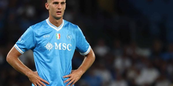 Lorenzo Lucca of SSC Napoli during the Serie A football match between SSC Napoli and Cagliari Calcio at Diego Armando Maradona stadium. Naples (Italy), August 30th, 2025 (Photo by Cesare Purini/Mondadori Portfolio via Getty Images)