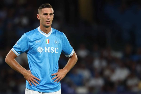 Lorenzo Lucca of SSC Napoli during the Serie A football match between SSC Napoli and Cagliari Calcio at Diego Armando Maradona stadium. Naples (Italy), August 30th, 2025 (Photo by Cesare Purini/Mondadori Portfolio via Getty Images)