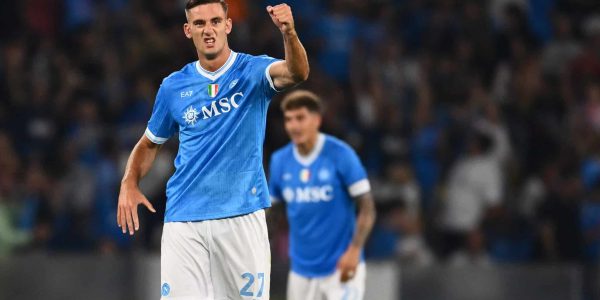 Lorenzo Lucca of S.S.C. Napoli celebrates after scoring the goal to make it 3-1 during the 4th day of the Serie A Championship between S.S.C. Napoli and A.C. Pisa 1909 at the Diego Armando Maradona Stadium in Naples, Italy, on September 22, 2025. (Photo by Domenico Cippitelli/NurPhoto via Getty Images)