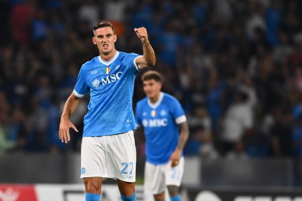 Lorenzo Lucca of S.S.C. Napoli celebrates after scoring the goal to make it 3-1 during the 4th day of the Serie A Championship between S.S.C. Napoli and A.C. Pisa 1909 at the Diego Armando Maradona Stadium in Naples, Italy, on September 22, 2025. (Photo by Domenico Cippitelli/NurPhoto via Getty Images)
